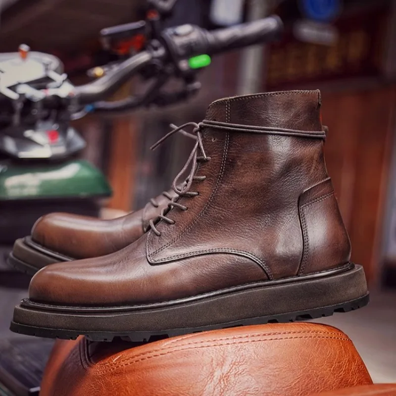 

Ботинки челси из натуральной кожи в британском стиле ретро, мужские высокие кеды из воловьей кожи на толстой подошве, повседневная рабочая обувь ручной работы на платформе, мужские ботильоны