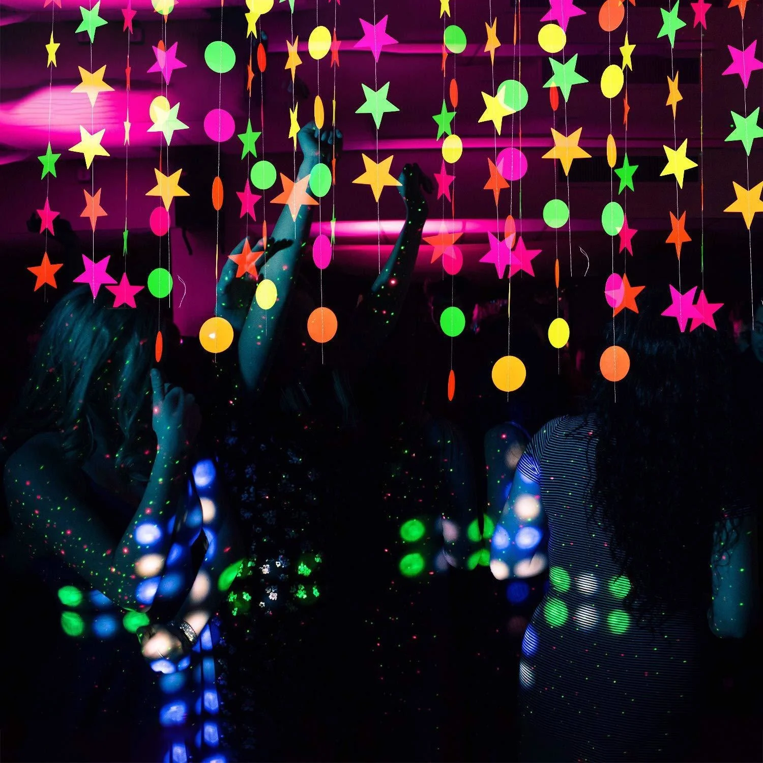 Fluorescent Garlands Circle Dots Star Neon Streamers UV Black Light Reactive Glow Luminous Wedding Party Birthday Decorations