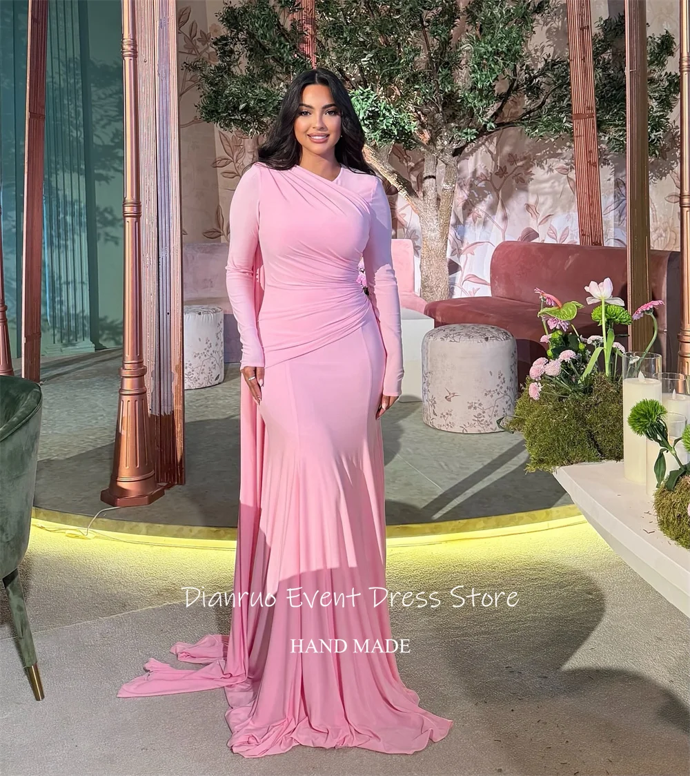 Dianruo Русалка розовые вечерние платья с асимметричным рюшами и узором для выпускного вечера плиссированные платья высокого качества в Саудовской Аравии по индивидуальному заказу