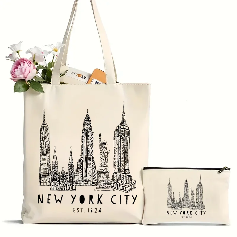 2Pcs Large Multipurpose New York Souvenir For Travel Bag Grocery Shopping Handbag Canvas Tote Shoulder Women Bag Casual Tote