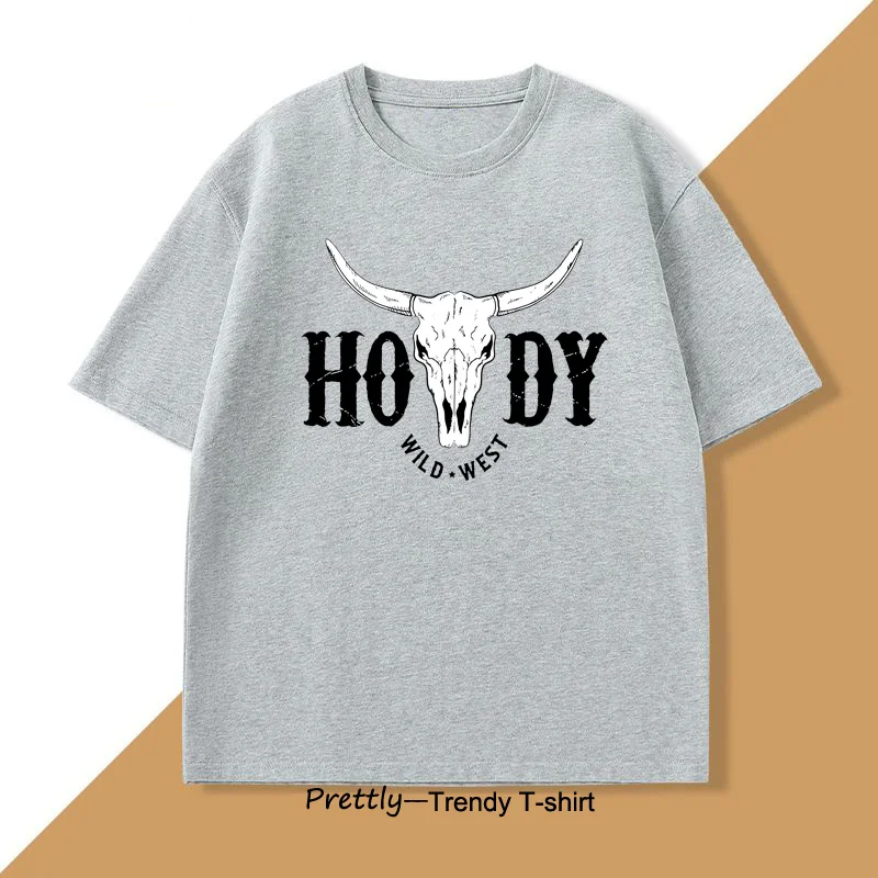 Howdy Cow Skull T Shirt Western Cowgirl Cowboy Wild West Tees Country Graphic T Shirs Women Men Tshirt Harajuku Streetwear