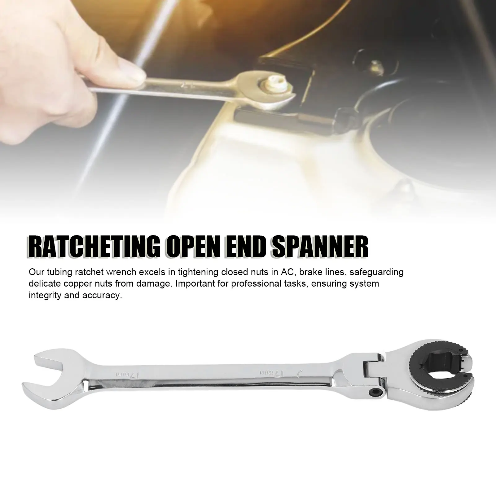 

17mm 8.5in Ratcheting Open End Wrench Cr V Steel Angle Adjustable Flexible 72T Quick Release Dual Use Wrench for Fuel Brake