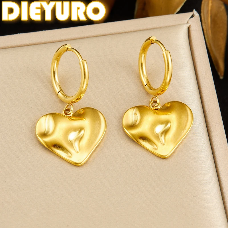 DIEYURO 316L Stainless Steel Golden Irregular Folded Heart Pendant Earrings Lady Fashion Classic Non-fading Ear Studs Jewelry