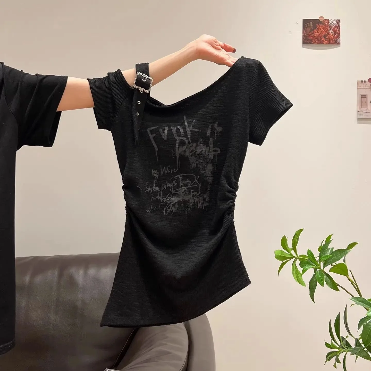 

2026 Hot Girl Print Irregular Symmetrical Tshirt Women's A-Line Narrow Strap Vest RPET Regenerated Fabric Ladies Top