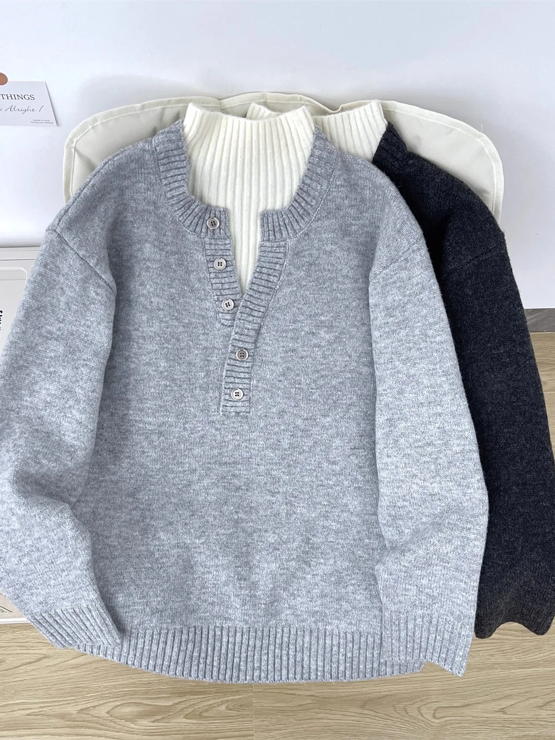 

Thiened Henry Collar Knitted Sweater Men's Winter Faion Brand American Color Blo High-End Feeling Yarnwear Casual Sle