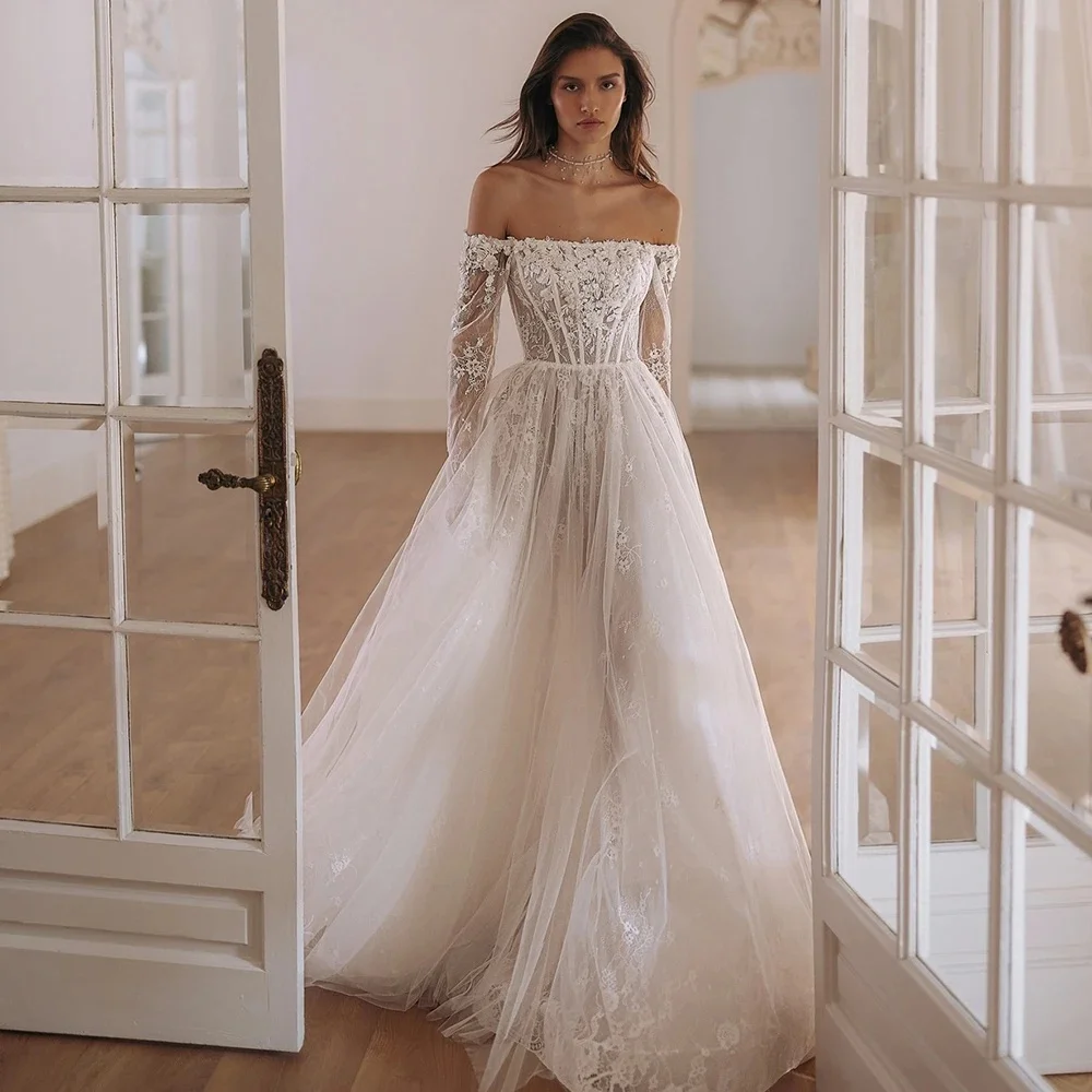 

Индивидуальные платья с открытыми плечами и длинными рукавами Vestidos De Novia с вырезом лодочкой, прозрачные кружевные свадебные платья, аппликации, Vestido De Noiva