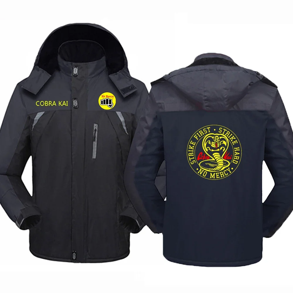 2024 Autumn Winter Men Cobra Kai Logo Print Detachable Hooded Design Patchwork Cold Prevention Windbreak Mountaineering Clothing