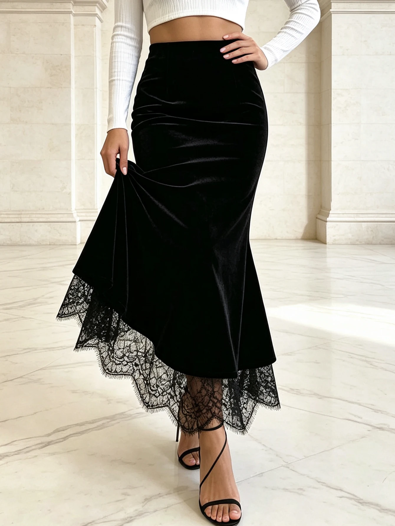 High-waisted Velvet Fashion Lace Patchwork Elegant Half-length Dress For Women With A Figure-hugging And Flowing A-line Skirt