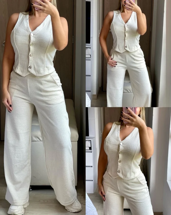 

Two Piece Set Women Outfit 2025 Summer Solid Textured Fabric V-Neck Button-Down Vest & Casual High Waist Pocket Long Pants Set