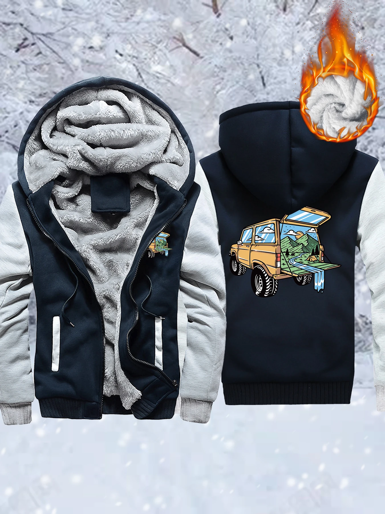 

The Mountain Scenery In The Car Prints Zipper Jacket Men Loose Thicken Coats Casual Fleece Streetwear Winter Camouflage Clothes