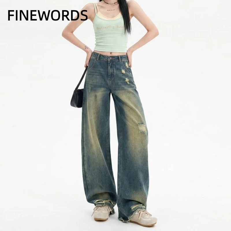 

Женские джинсы FINEWORDS с высокой талией, винтажные, рваные, широкие, в стиле Y2K, свободные джинсовые брюки, уличная мода, свободные штаны