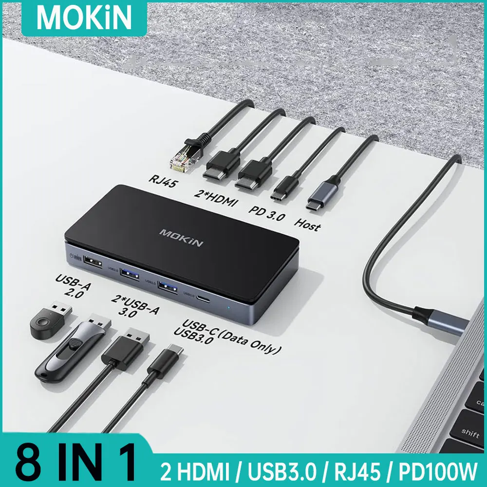 

MOKiN USB C Laptop Docking Station 8 in 1 USB C Dock 5Gbps USB 3.0 Gigabit Ethernet 100W PD Adapter,for Dell/HP/MacBook Laptops