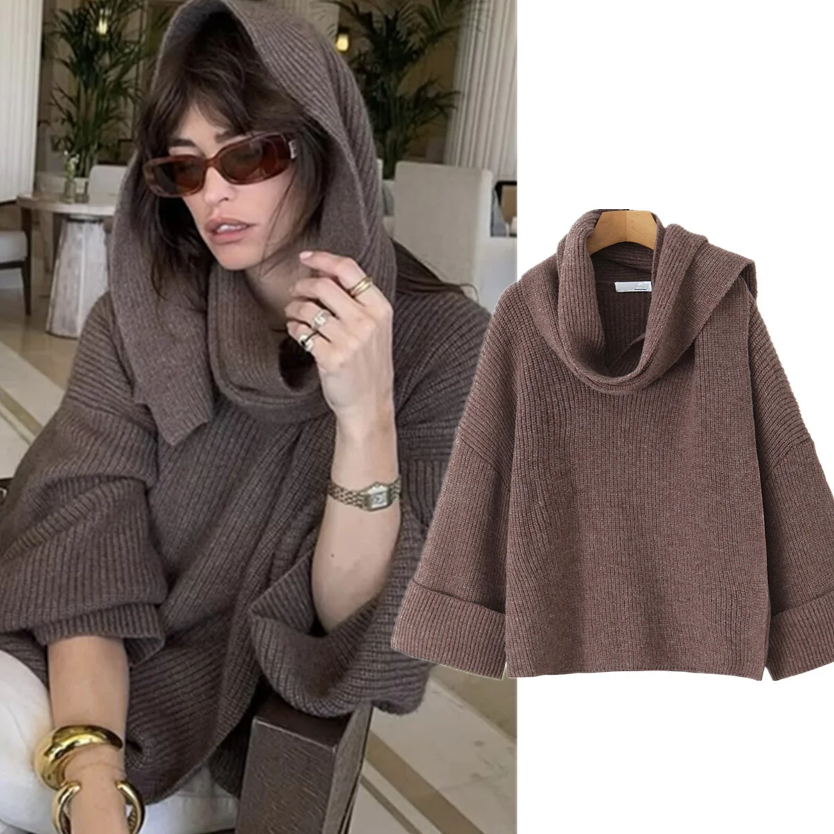 

Jenny&Dave French Fashion Blogger Lazy Design Scarf Collar Sweater Women Minimalist Commuting Casual Winter Sweater Top