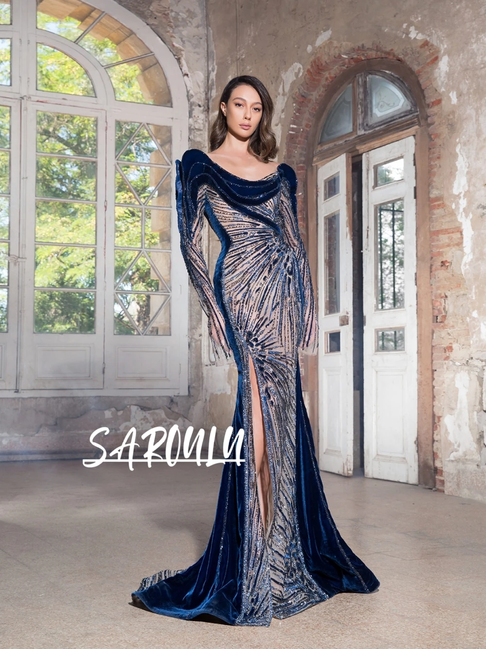 

Shimmering Mermaid Ruffles Evening Dress Exquisite Beaded Sequined Banquet Wear Customized Unique Velvet Sexy Split Prom Gown