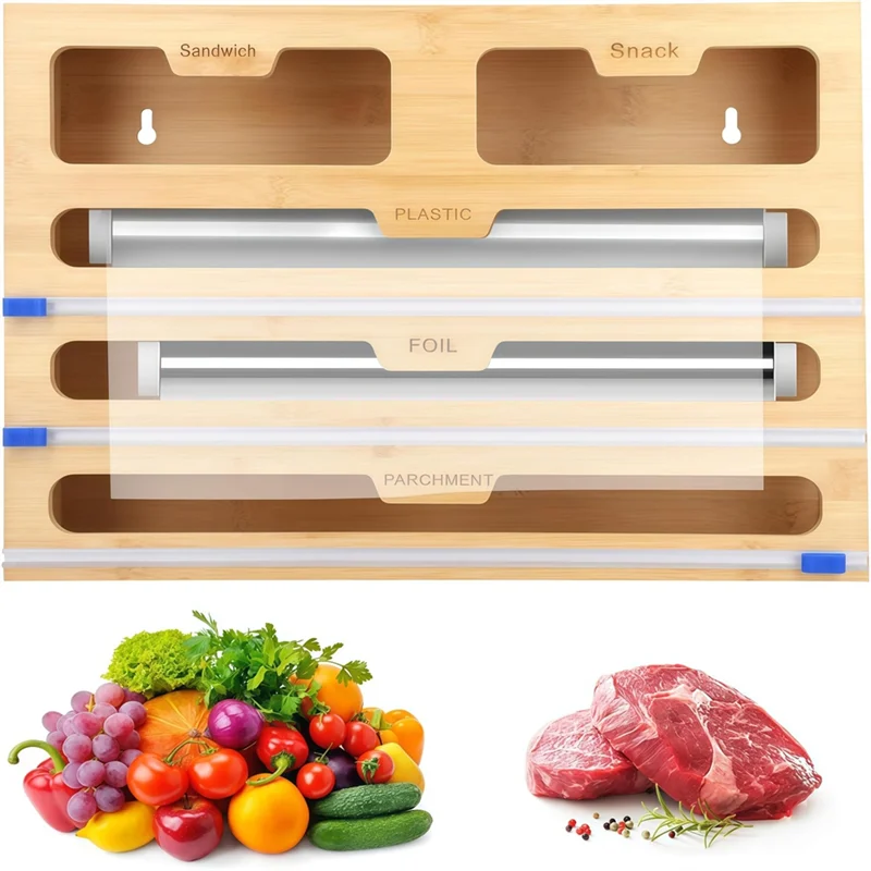 ABBP-organizador de papel de aluminio de bambú, rollo de cocina de 40 Cm, película adhesiva y organizador de papel de aluminio, dispensador de envoltura de plástico con cortador