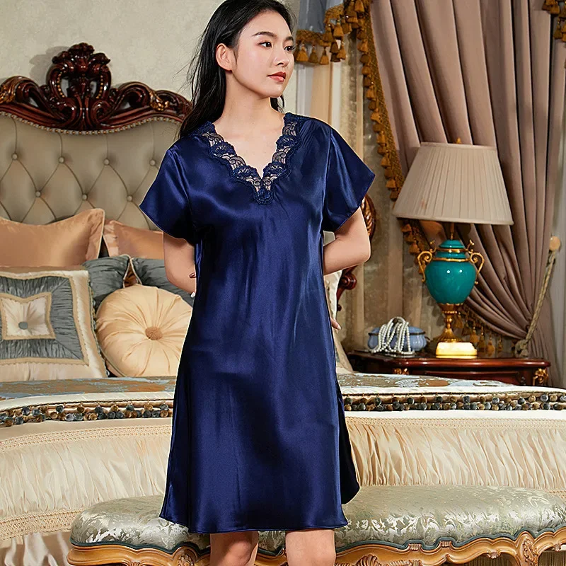 

Natural Silk Sexy Lace Sleepshirt V Neck 100% Mulberry Silk Short Sleeve Nightgown Midi Chemise Nightdress Pajama Sleeping Dress