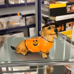 

Halloween Dachshund Resin Figurine Witch Hat Pumpkin Sweater Dog Sculpture Home Decor Autumn Seasonal Gift Collectible Ornament