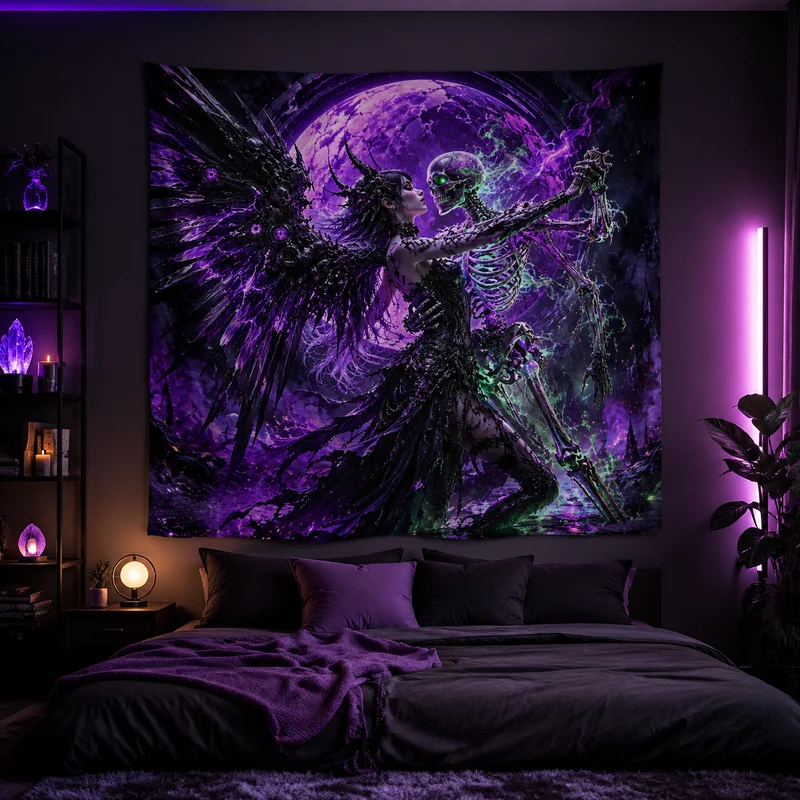 VIKAMA Dark Gothic Dance Tapestry, Black-Winged Demon Skeleton Wall Hanging, Halloween Party Decorative Wall Hanging, Home Decor