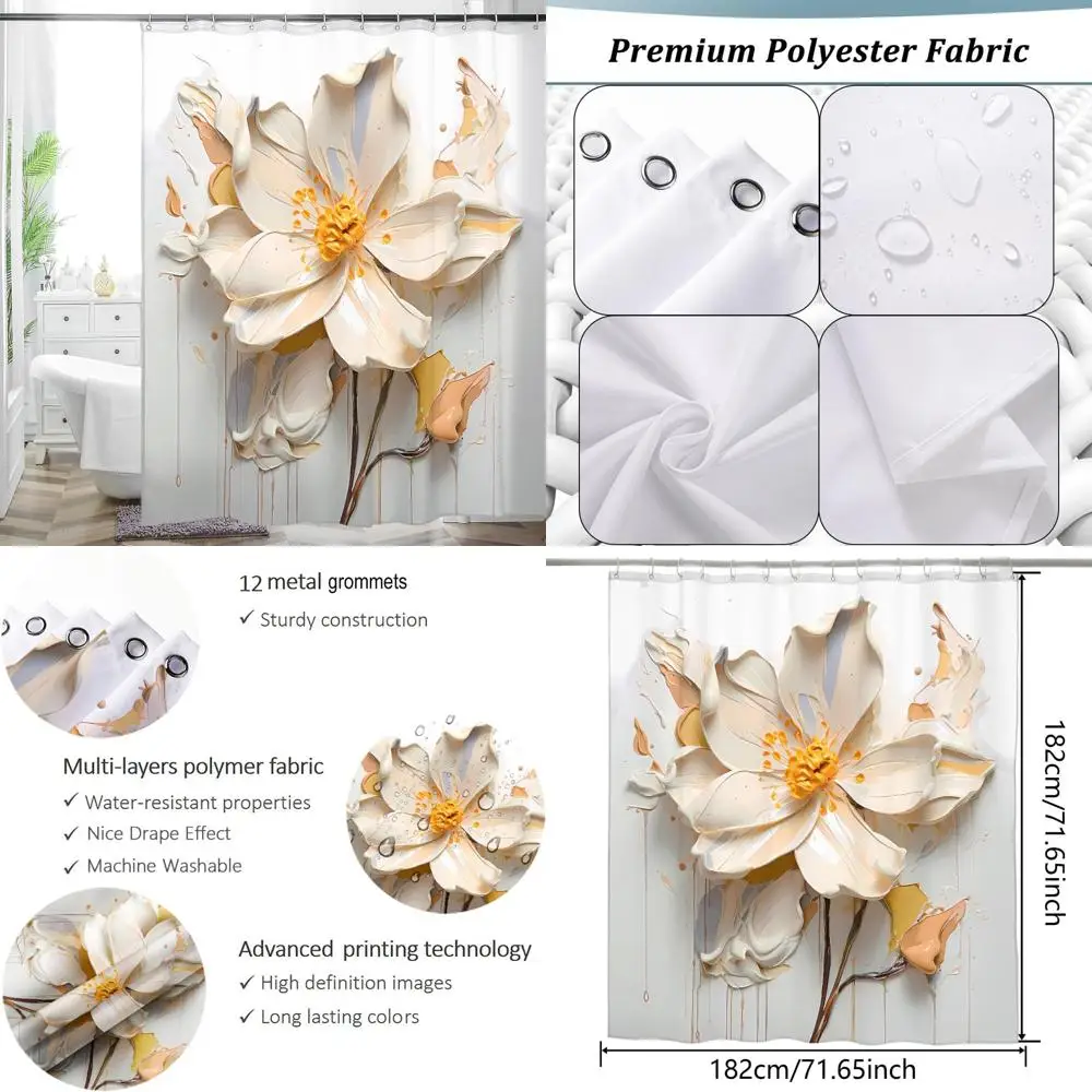 

Элегантная бежево-белая занавеска для душа с цветочным принтом для современных ванных комнат, большой цветочный художественный стиль, водонепроницаемая тканевая занавеска для ванной комнаты, wa