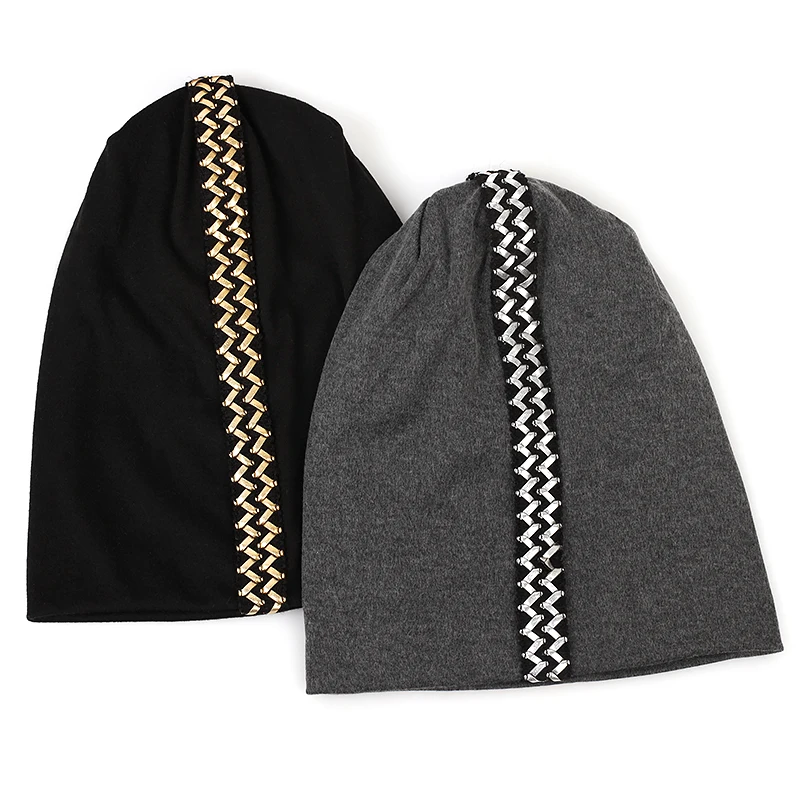 Women Gold Silver Wave Webbing Skullie Beanies Female Bonnets Caps Cotton Stretch Soft Hats Fashion Casual Solid Cap image 3