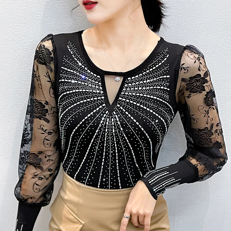 Spring Summer O-Neck Lace Mesh Tops For Women Slim Fit Long Sleeve Bling Crystal T-Shirt - Fashionable & Elegant Basic Wear