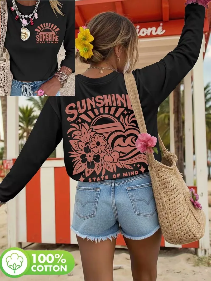 Modisches Vintage-Blumenmuster, 100% Baumwolle, Langarm-T-Shirt, Grafik, lässiger Rundhalsausschnitt, Damen-Oberteil für Herbst und Winter – Detail 2