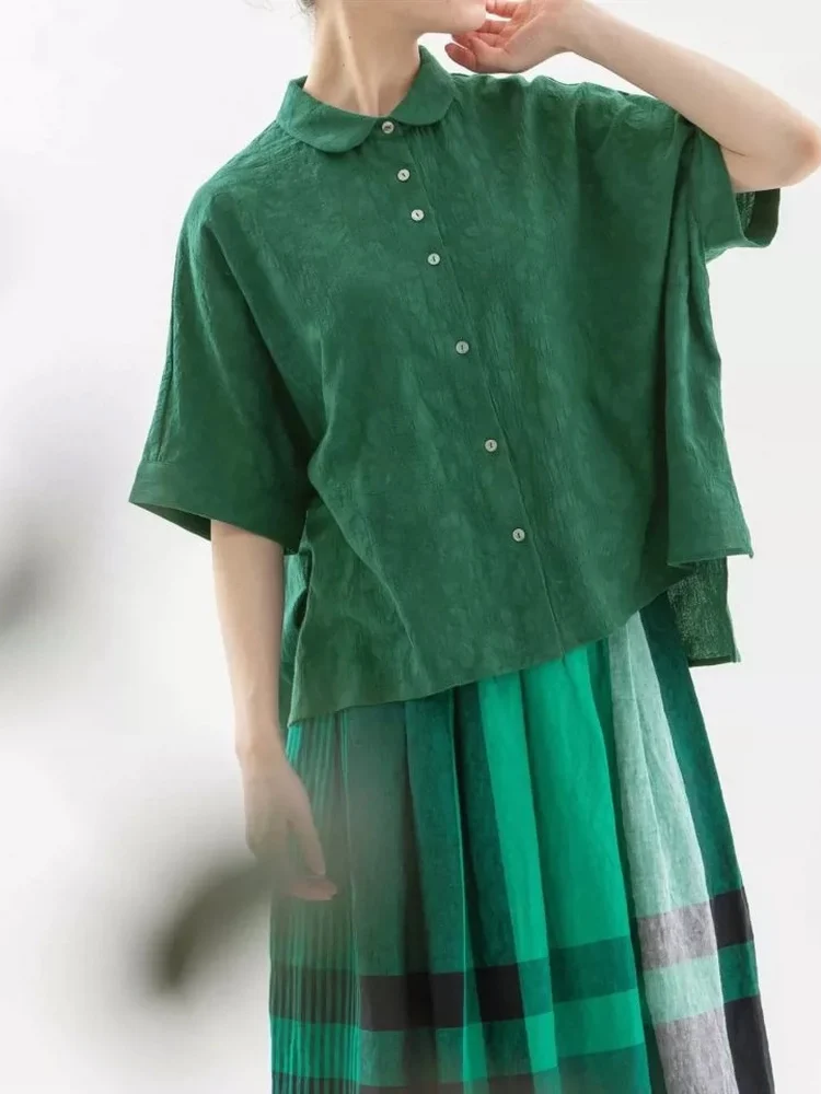 Elegante Camisa de Manga Corta con Bordado Floral, Corte Holgado, Algodón, Cuello Verde Manzana Retro, Blusa de Moda Casual d...