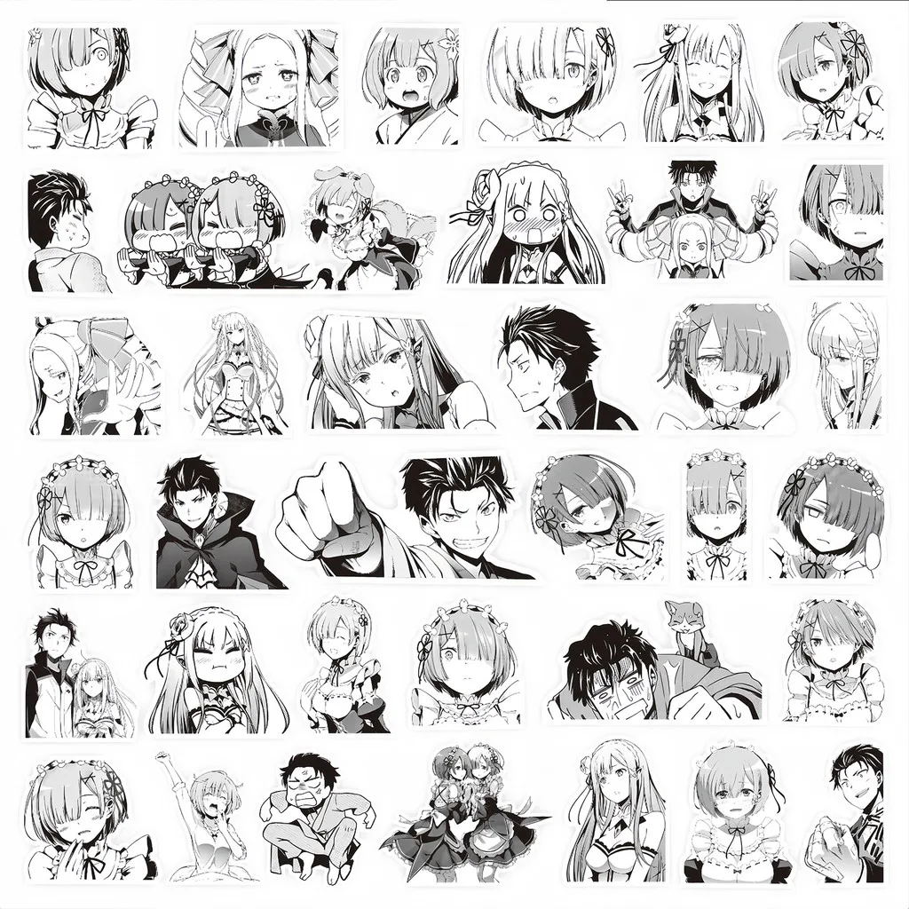 75 قطعة إعادة: حزمة ملصقات Zero - شارات Rem & Emilia باللون الأسود والأبيض للمجلات والمذكرات (متجر Anime Worlds)
