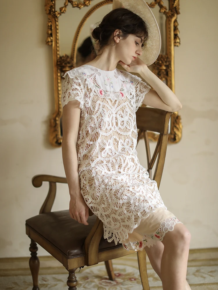 Summer Original Design Women Mori Kei Sweet Vintage Handmade Embroidery Holow Out Lace Slim Twinset Short White Dresses