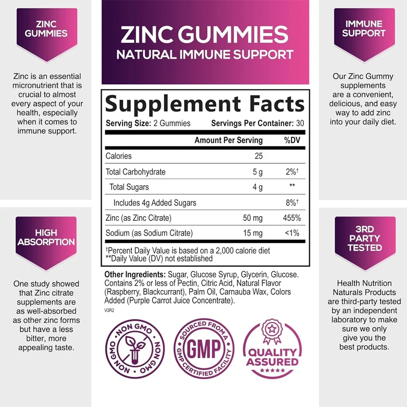 Zink Immun Support Supplement 50mg, geeignet für strahlende Haut und Immun Health Support, vegetarische, nicht GMO-60 Gummis