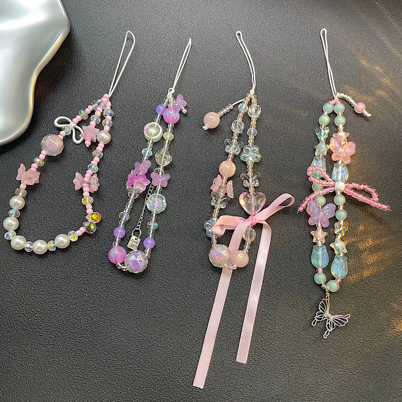 

Ins Style Sweet Cool Light Luxury Girl Pink Flower Bow Phone Chain Phone Case Pendant CCD Camera Chain String For iPhone 17 16