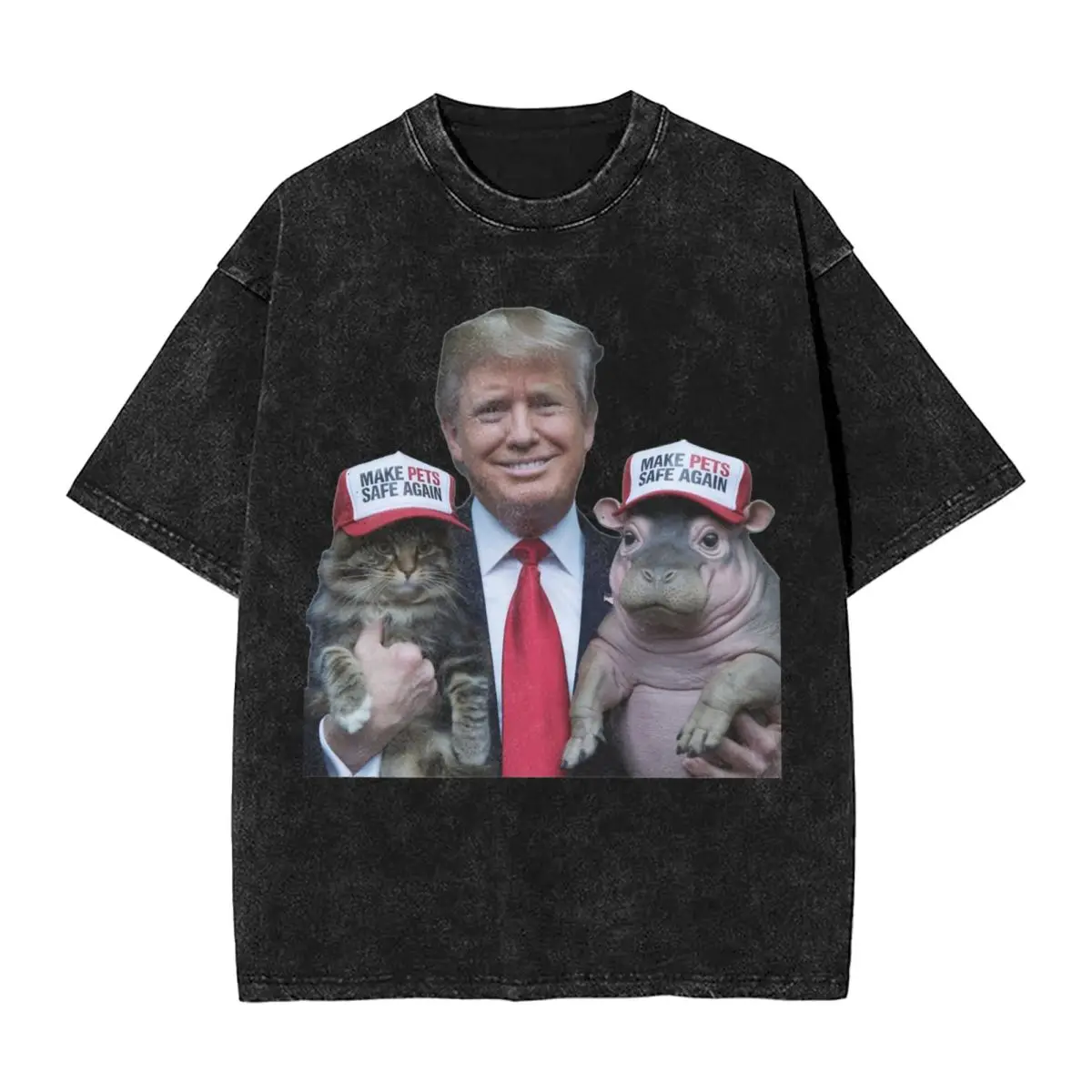 Oversized Washed T-Shirt Moo Deng Features Trump Cat And Hippo For Safe Pet Cotton T-Shirts Leisure Tshirt for Mens Summer Tees