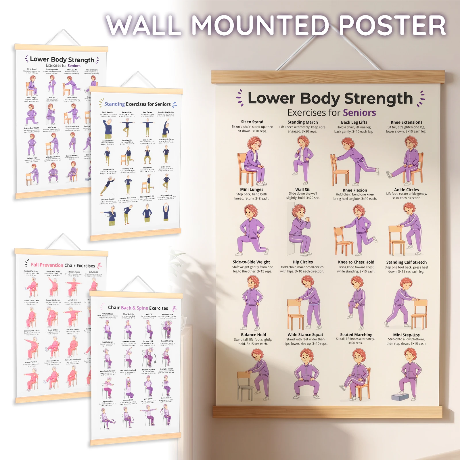 Yoga Challenge Poster with Wooden Hanging Frame for Senior Care Setting Yoga Challenge Poster Chair Yoga Poster Exercise Chart