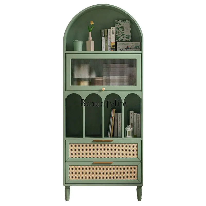

French retro bookcase dining side cabinet rattan Changhong glass arch study file cabinet