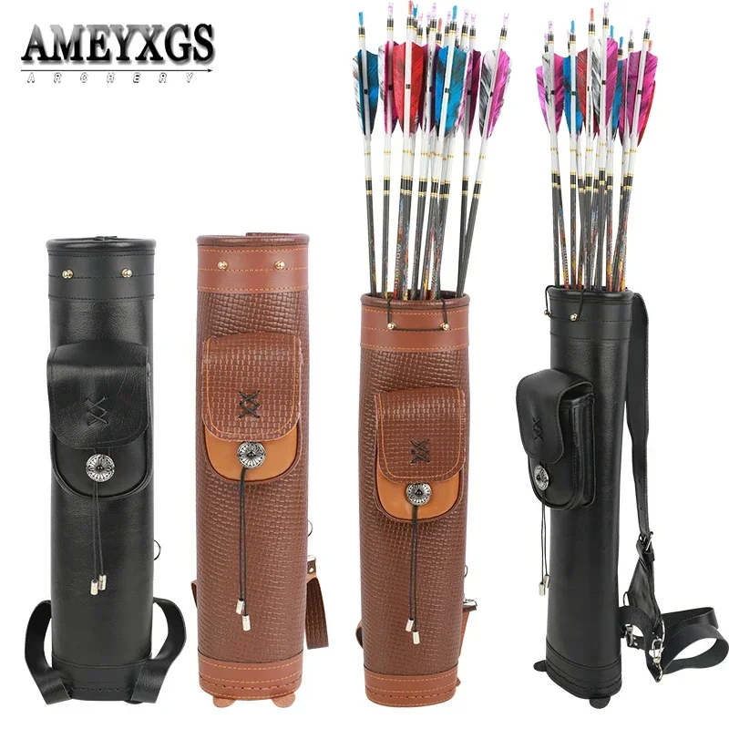 Archery Arrow Quiver Shoulder Back Bag Cowhide Hold 20-30Pcs Arrows Adjustable Case L/R Hand Bow Hunting Shooting Accessories