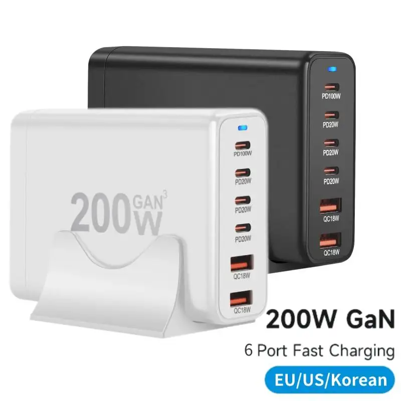 GaN 6-port 200W Desktop Charger Fast Charge 3.0 USB Type C Fast Charger Mobile USB Charger for iPhone iPad Macbook Samsung Phone