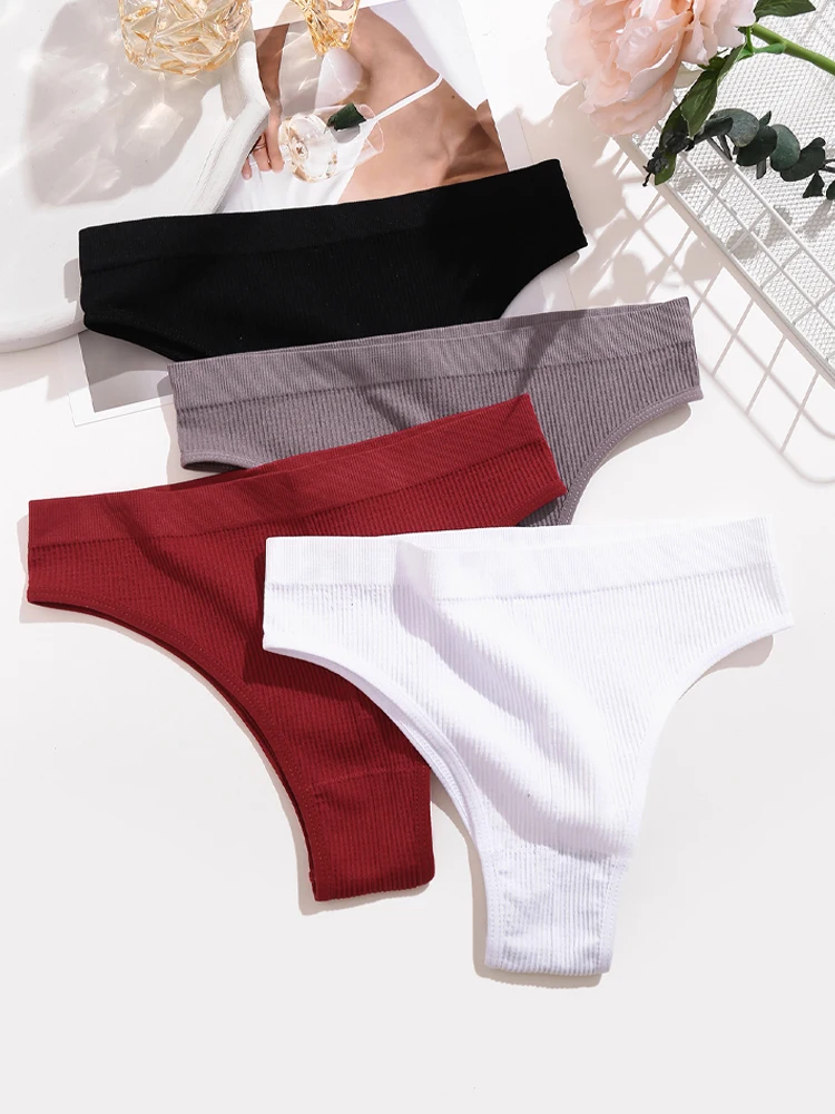 FINETOO 5PCS Seamless Ribbed Striped Underwear For Women Sexy Low-Waist Brazilian Panties Female Solid G-String Lingerie S-XL