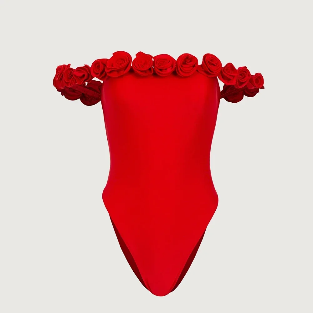 Цельный купальник 2024, новый однотонный купальник с цветочным принтом, женский купальник, бандо, купальный костюм, пляжная одежда, монокини, женские купальные костюмы