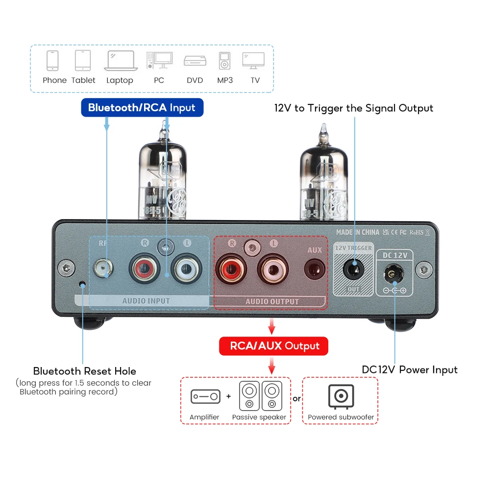 Imagem -03 - Aiyima-audio t1 Pro Bluetooth Tubo Pré-amplificador Hifi Amplificador Estéreo Válvula de Vácuo com Agudos e Bass Tone Control para Falantes Doméstica