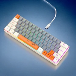Keyboard RGB USB wired 63 keys gaming gamer compact mini pc keyboards for trips,office,games business key board (Grey&Orange)