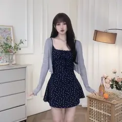 Elegant Slim Lace Print Floral Mini Dress + Cardigan French Vintage Y2k 2 Piece Dress Suit Women Beach Sweet Fashion Japanese