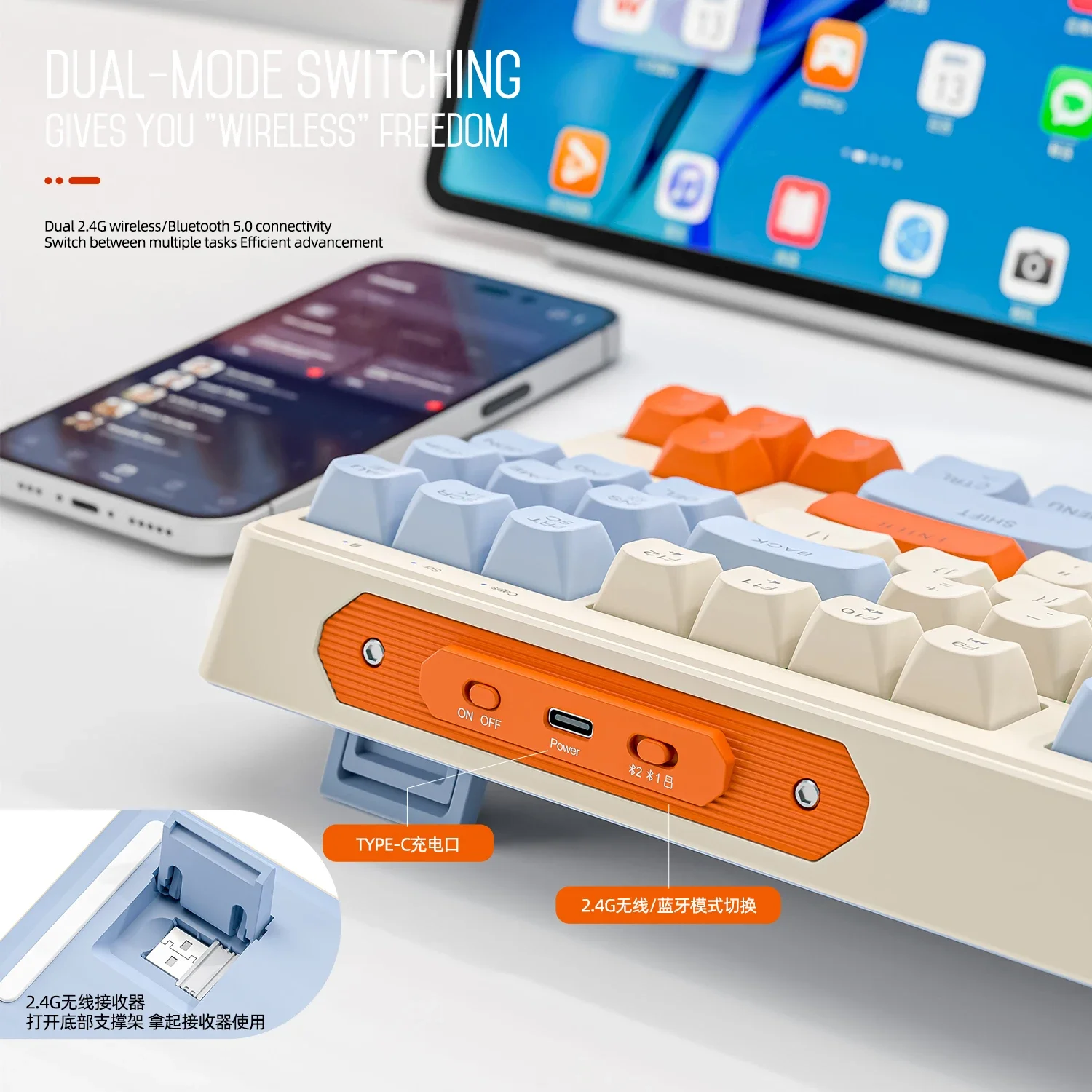 M87 Wireless Keyboard, 87keys Dual Mode Bluetooth Keyboard with Rainbow-light RGB,PBT Ballcaps Design Gaming Keyboard Cnc parts