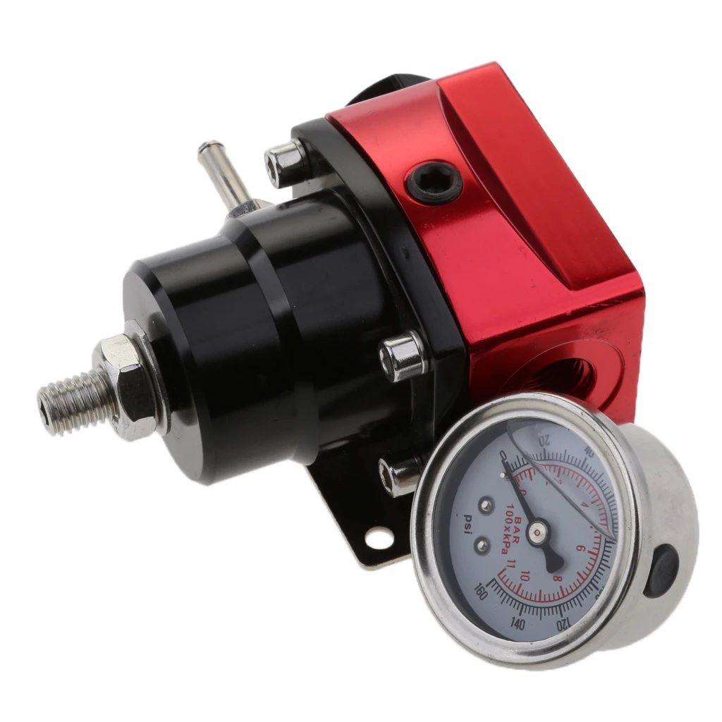 Universal Adjustable Aluminum Fuel Pressure Regulator Valve Kit and 160 Psi Pressure Gauge AN6 Fittings, Red