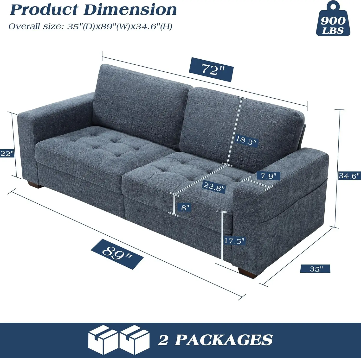 89 Inch Sofa Couch, Modern 3 Seater Couch with Removable Covers and USB Ports, Large Chenille Comfy Sofa for Living Room