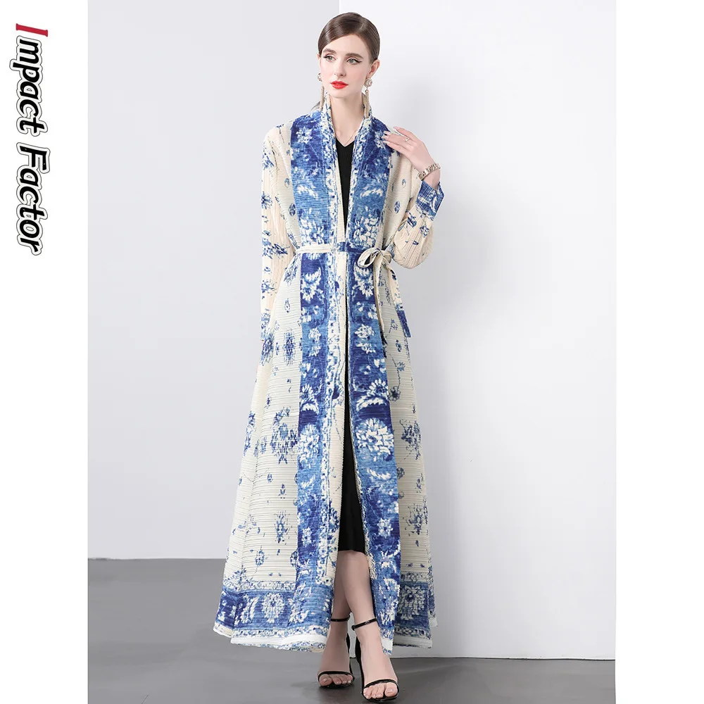 

Miyake Long Trench Coat Women's Spring and Autumn Fashion Loose Lace-up Printed Thin Pleated Cardigan Middle East Coat