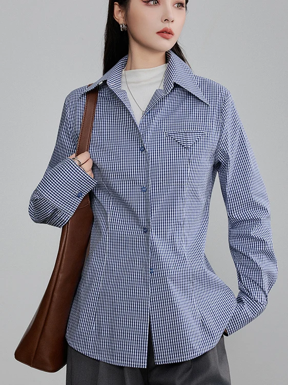 

Сине-белая клетчатая женская рубашка из чистого хлопка высокой плотности с длинным рукавом, приталенная, весна-осень, элегантный топ в простом стиле