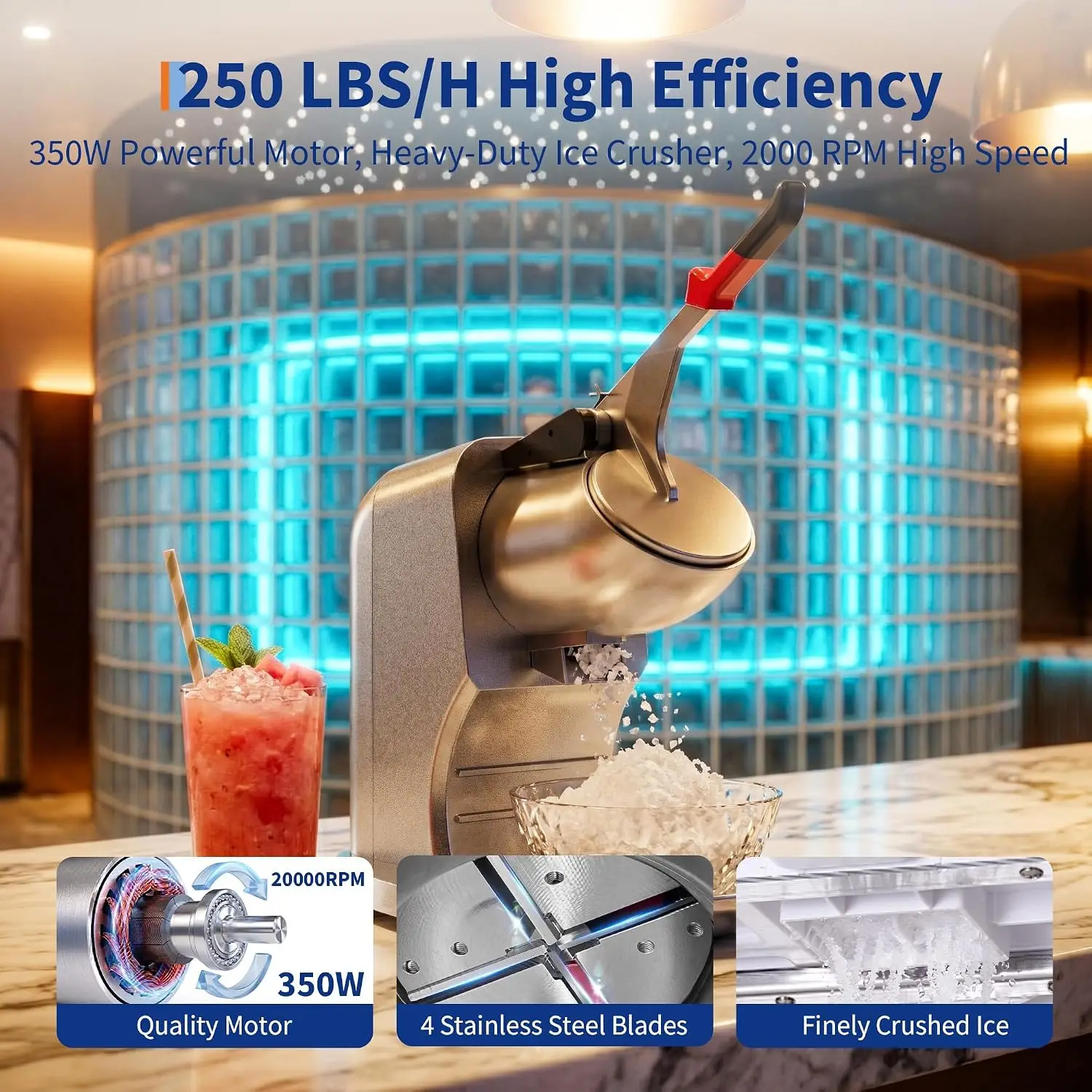 Tacleekii Commercial Ice Crusher 250LBS/H 350W Electric Snow Cone Machine with 4 Stainless Steel Blades 2000RPM Hopper Shaved Ice Maker with Bowl & Cover