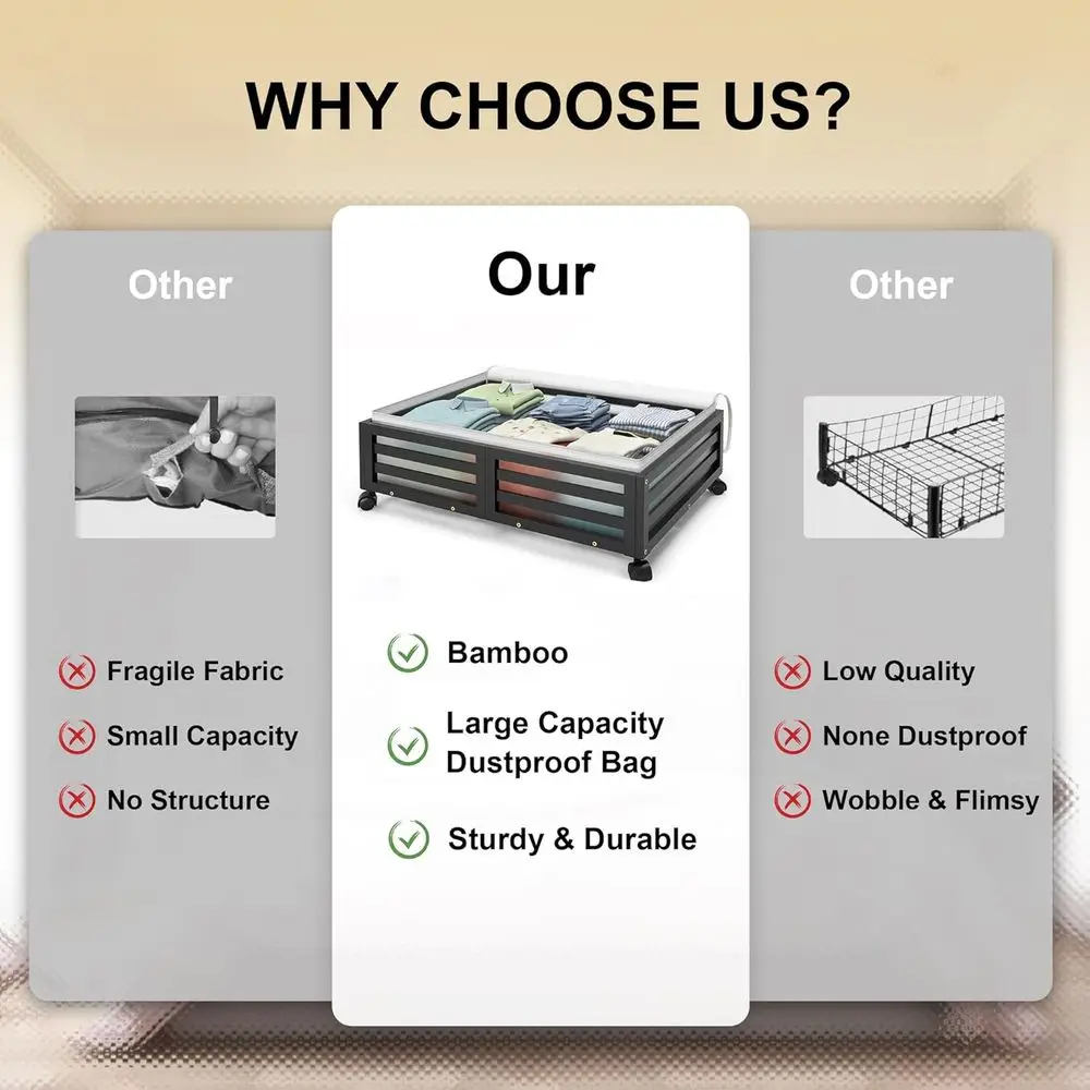 Caixas de armazenamento embaixo da cama de bambu com tampas à prova de poeira para sapatos, roupas e muito mais (preto)