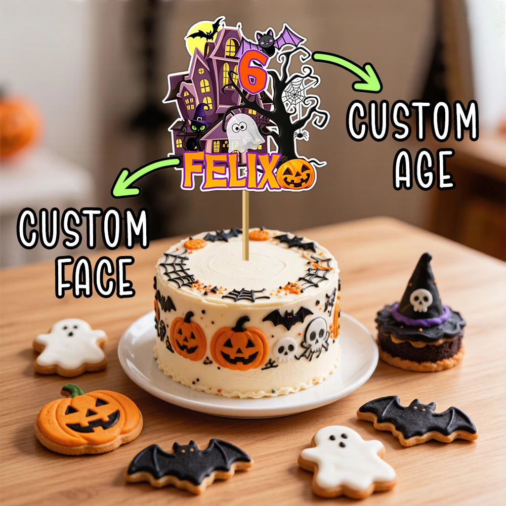 1pc Celebrate Halloween Birthday Cake Topper - Spooky Castle Bat Pattern Design, Customized Age & Name, Halloween Decoration view 3