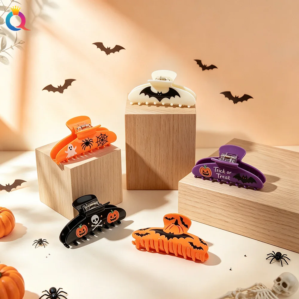 Halloween Theme Hair Claw Clips Pumpkin Ghost Bat Skull Pattern Large Non‑slip Shark Hair Clips Festive Decorative Hair Accessor